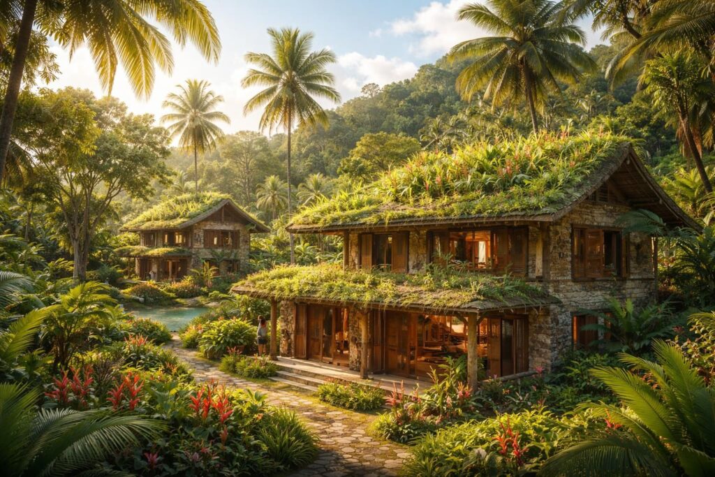 Architecture tropicale à Madagascar avec ventilation naturelle et toitures végétalisées pour maisons durables