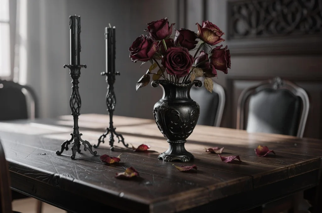 Les roses fanées et les chandeliers noirs : créer une salle à manger inspirée par l’élégance gothique