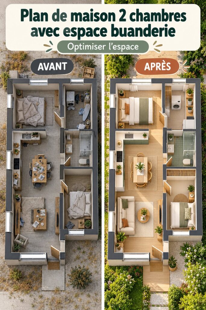 Plan de maison 2 chambres avec espace buanderie